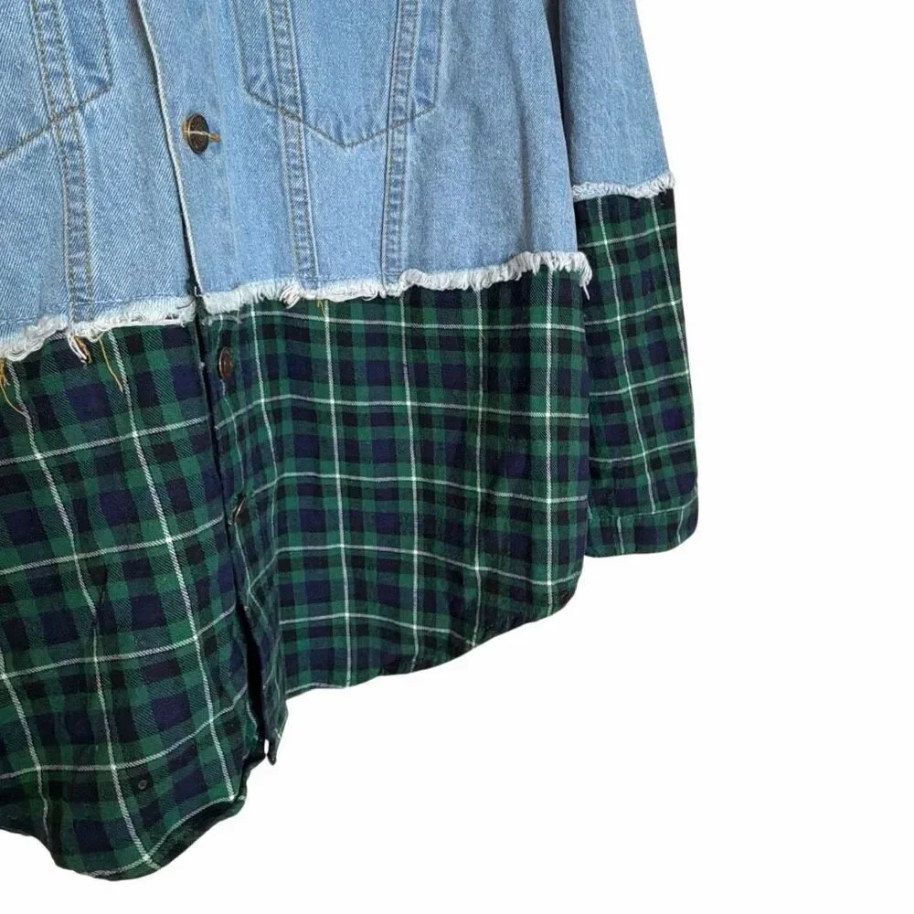 Princess Polly Mixed Media Denim & Flannel Larkin Jean Jacket Blue Green S/M‎